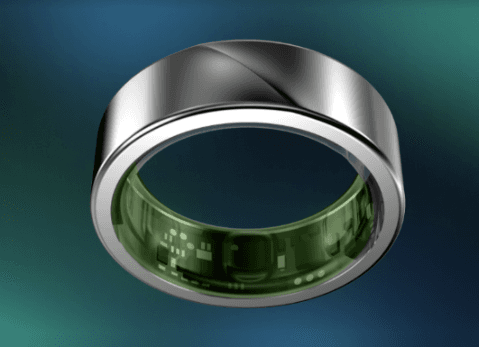 A silver ring with a green rim

Description automatically generated