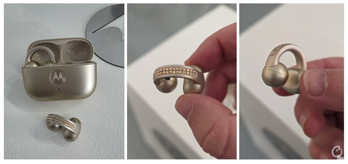 Three photos of the Motorola Buds Loop close up and held in someone's hand—source: Counterpoint Research.