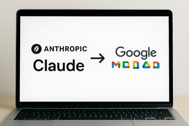AI-generated image of a laptop displaying the logos for Anthropic Claude and Google, and an arrow pointing to Google between them. 