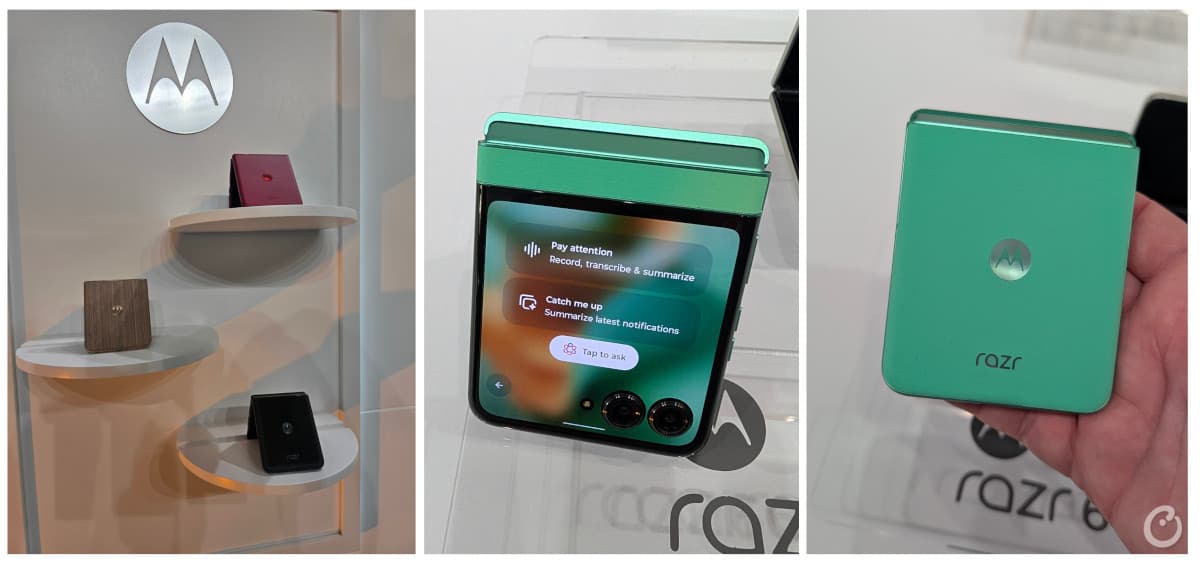 Three photos of the Motorola Razr 60 in Rio Red, Dark Green, Pink, and Roman Coffee. A close-up of the Dark Green Motorola Razr 60 with the outer screen on—source: Counterpoint Research.