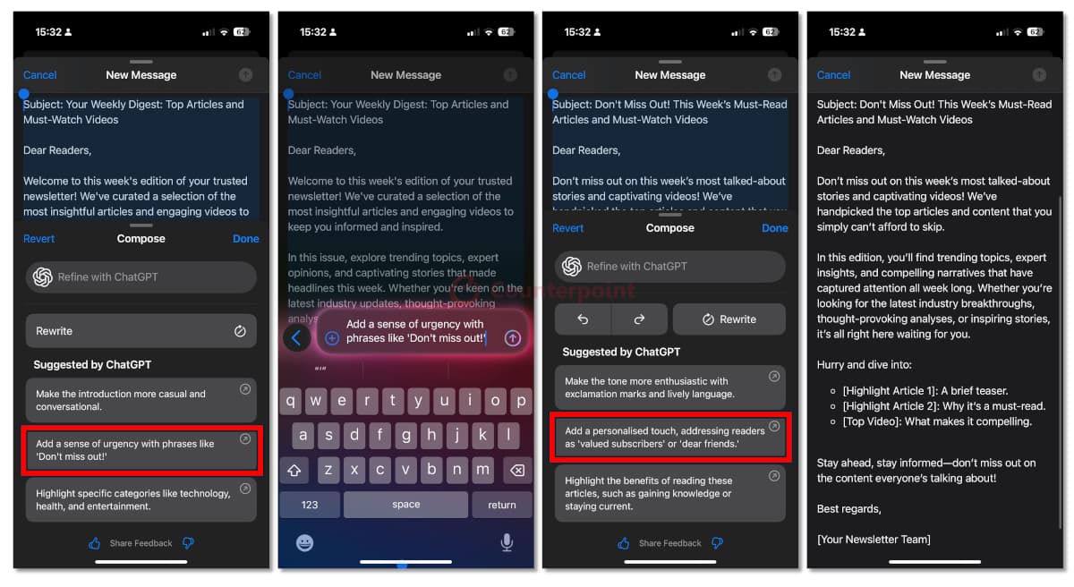 Examples of Apple Intelligence composing emails and suggesting alternatives on the iPhone Mail app. Source: Counterpoint Research.