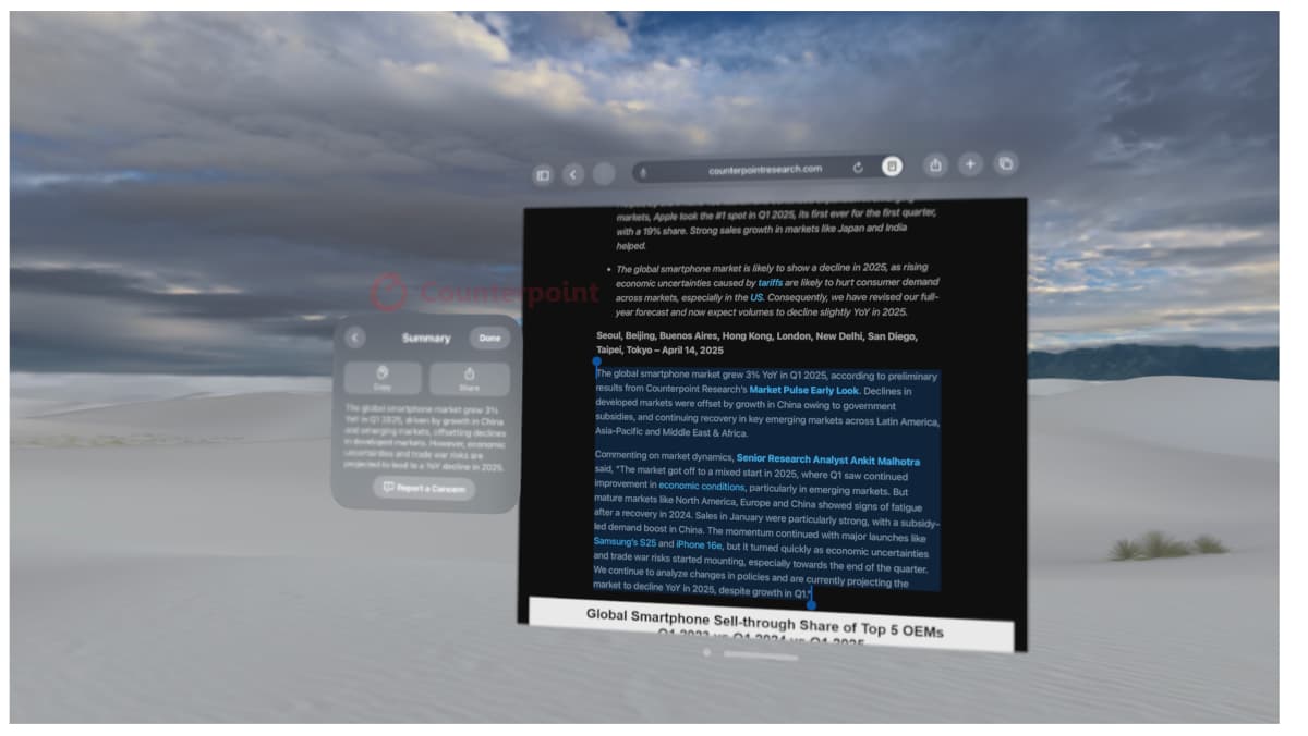 Apple Intelligence summarising a Counterpoint Research article from Safari on the Apple Vision Pro. Source: Counterpoint Research.