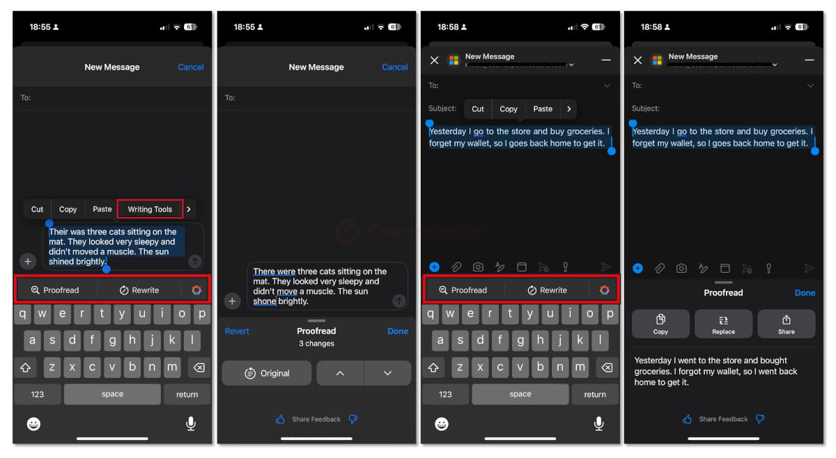 Apple Intelligence proofreading and rewriting messages on the iPhone Messenger app and iPhone Outlook. Source: Counterpoint Research.
