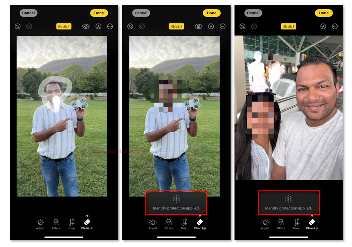 Examples of Apple Intelligence blurring a person’s face through the Clean Up tool on the iPhone’s Photo app. Source: Counterpoint Research.