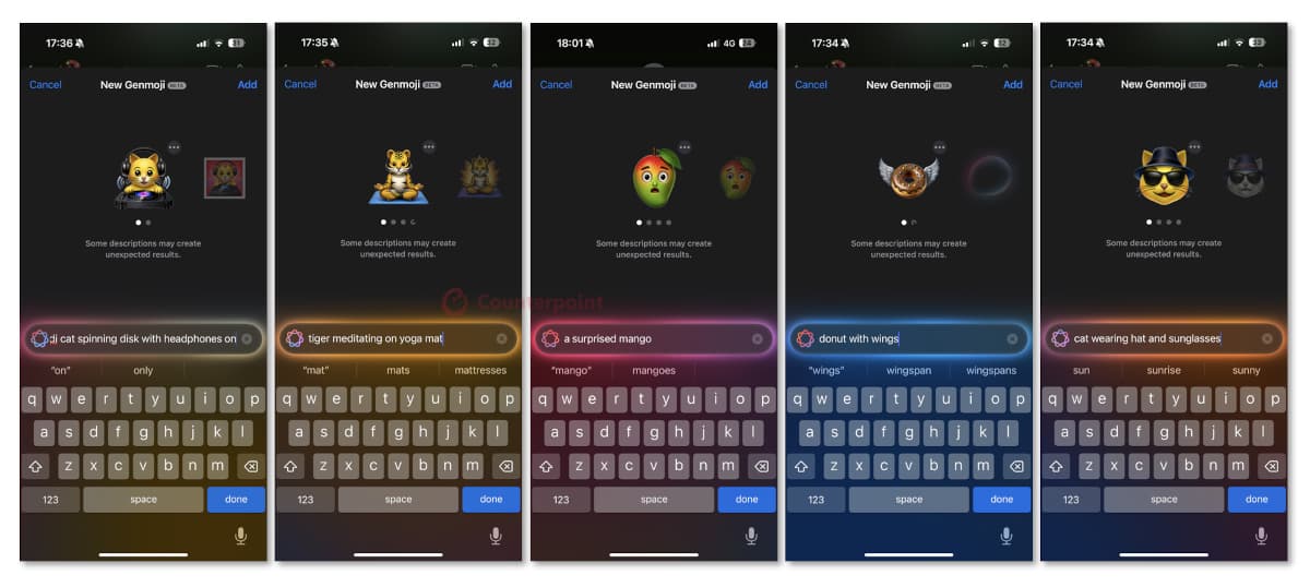 Examples of Apple Intelligence creating emojis from prompts through the Genmoji app on iPhone. Source: Counterpoint Research.