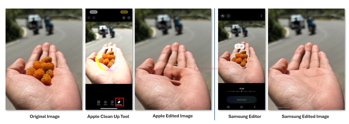 A comparison between Apple’s Clean Up tool and Samsung’s Editor. Samsung removed the desired object from a person’s hand and included generative fill, while Apple left the hand disfigured. Source: Counterpoint Research.