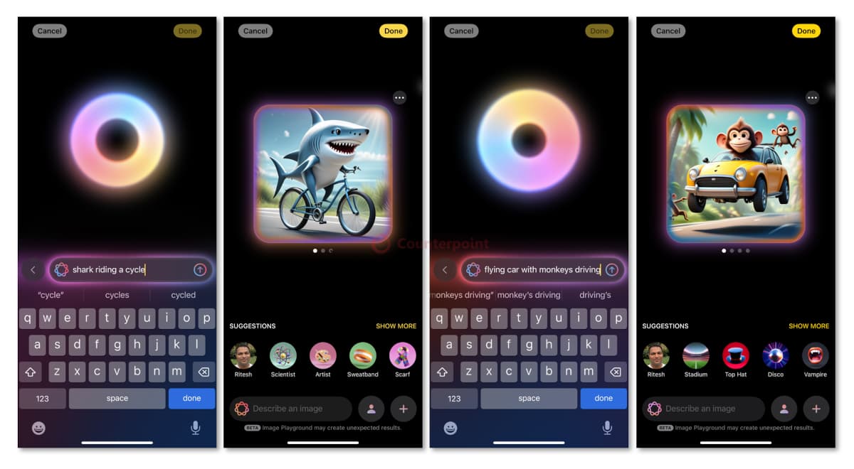 Examples of Apple Intelligence creating content from prompts through the Image Playground app on iPhone. Source: Counterpoint Research.
