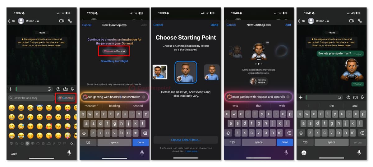 Examples of Apple Intelligence creating emojis from a person through Genmoji on iPhone. Source: Counterpoint Research.