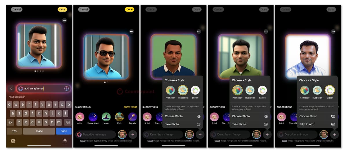 Examples of Apple Intelligence creating a new image from a photo through the Image Playground app on iPhone. Source: Counterpoint Research.