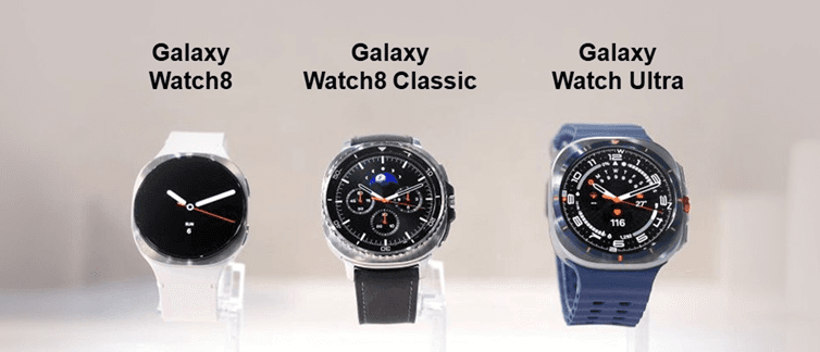 Samsung Galaxy Watch8, Watch8 Classic, Watch Ultra.