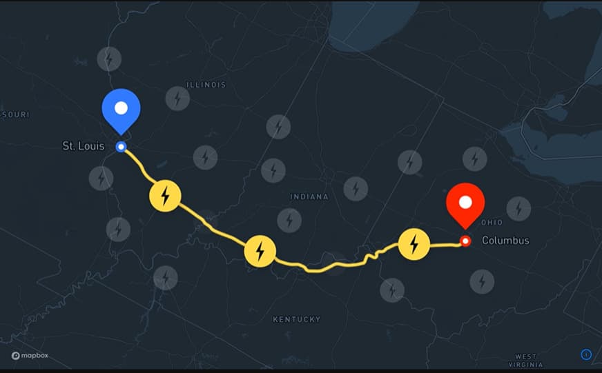 Map screen of the Mapbox Autopilot Map app that shows three charging stations between the user's current location and the destination