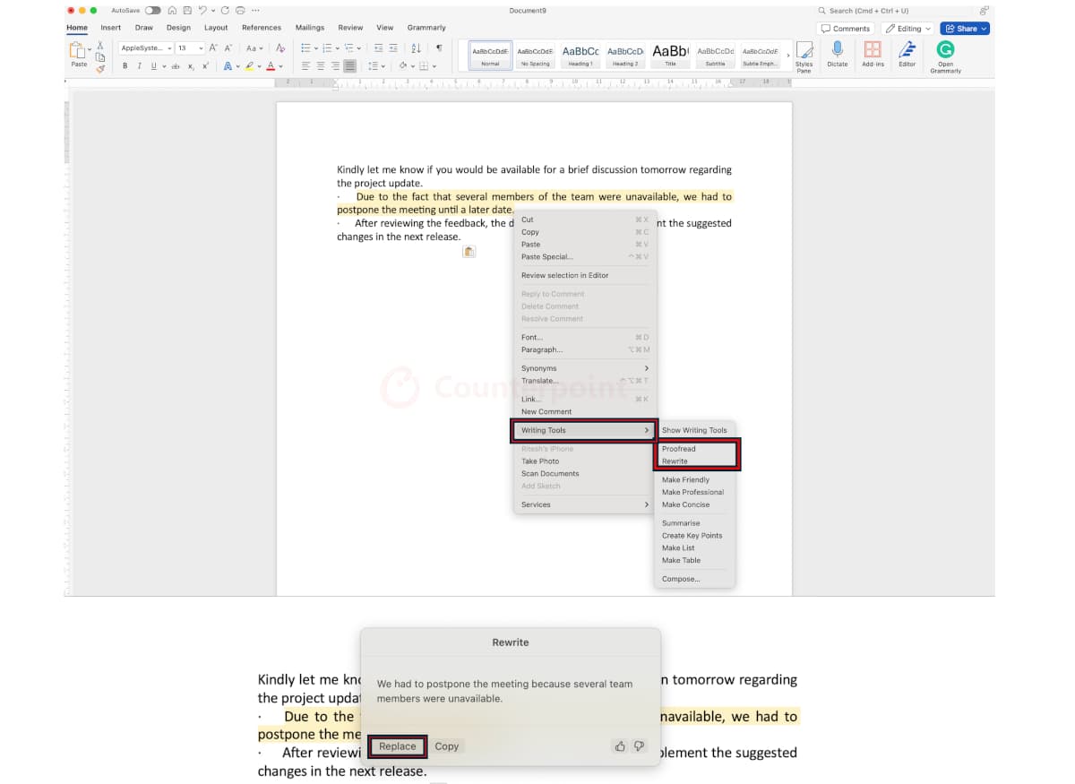 Apple Intelligence Writing Tools in Word Doc on a Mac. Source: Counterpoint Research.