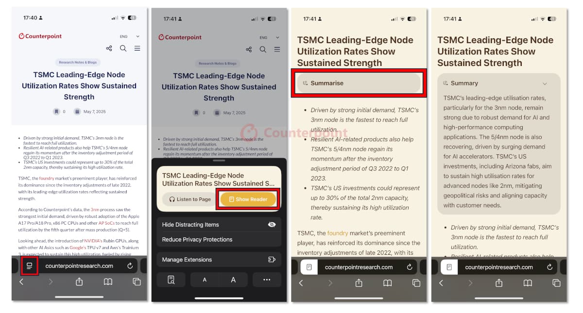 Apple Intelligence summarising a Counterpoint research article on the iPhone Safari app. Source: Counterpoint Research.