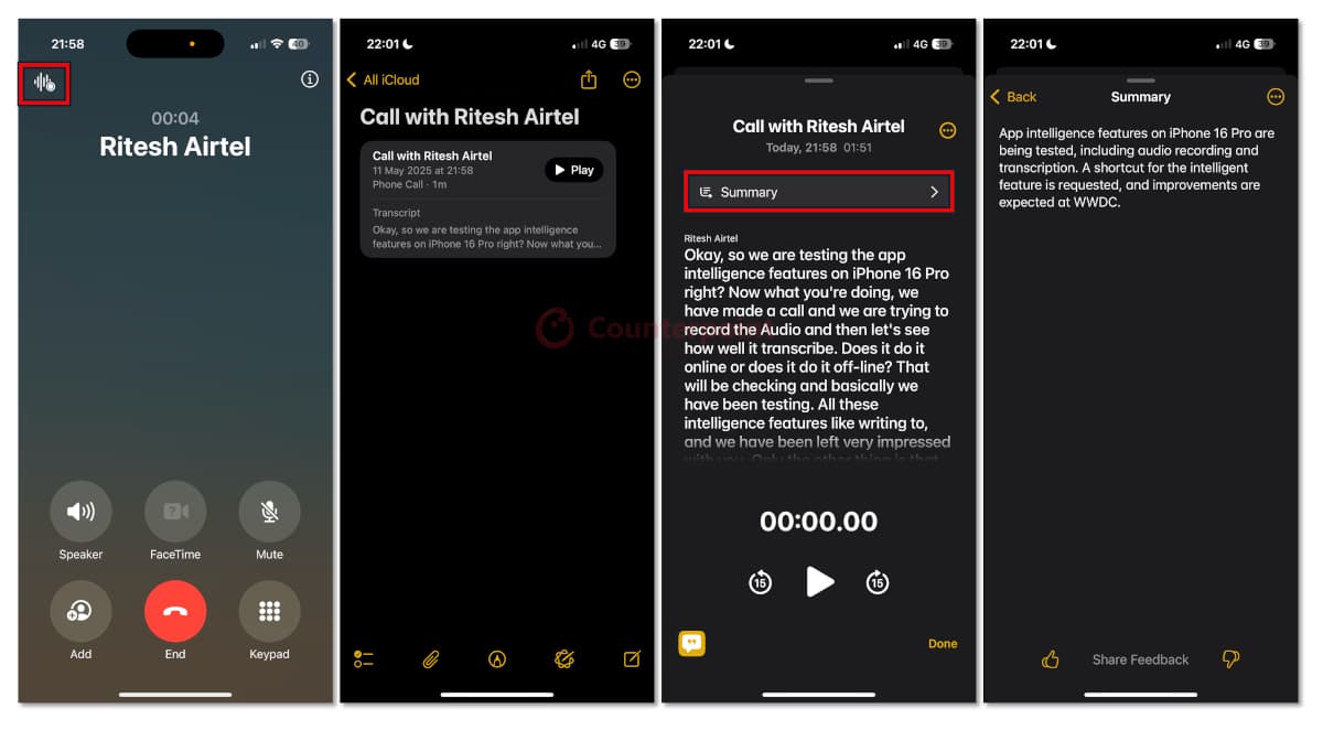 Apple Intelligence recording a phone call, creating a transcript, and writing a summary on the iPhone Phone app. Source: Counterpoint Research.