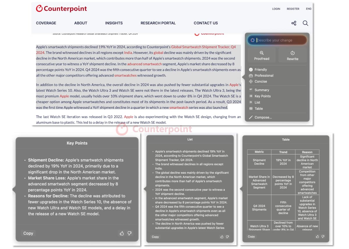 Apple Intelligence summarising a Counterpoint research article and giving bullet points and tables on the iPhone Safari app. Source: Counterpoint Research.