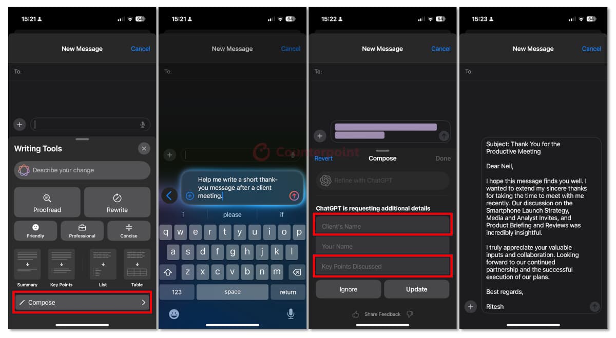Examples of Apple Intelligence composing messages on the iPhone Messages app. Source: Counterpoint Research.