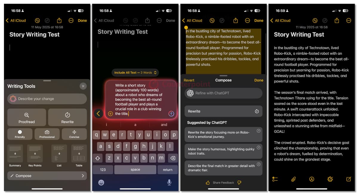 Apple Intelligence composing a short story on the iPhone Notes app. Source: Counterpoint Research.
