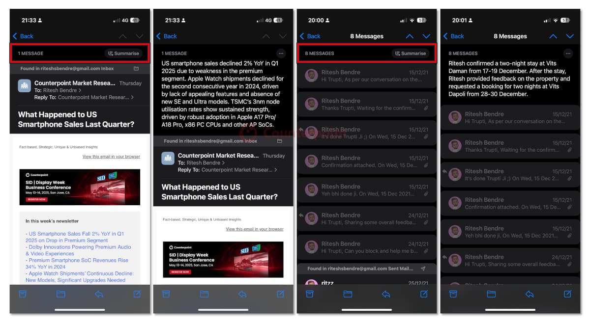 Apple Intelligence summarising an email thread on the iPhone Mail app. Source: Counterpoint Research.