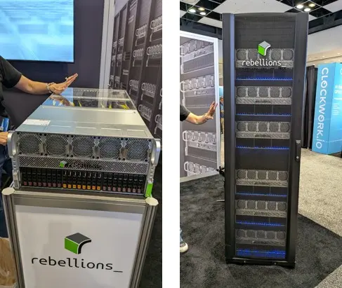 The modular inference platform from Rebellions. The RebelServer contains eight inference processors (which Rebellions calls NPUs) and two AMD EPYC CPUs. The NPU servers slide into the purpose-built rack fit and multiple racks can be tied together in a pod.