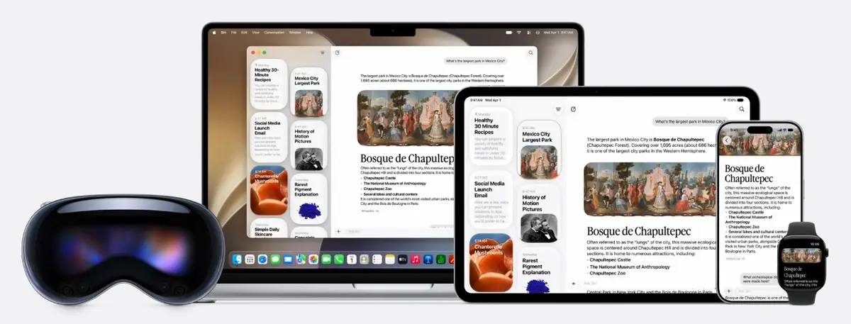 Display of Apple products: Vision, Macbook, iPad, iPhone, Smartwatch.