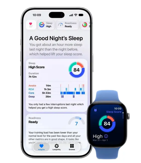 Apple iPhone and Apple Watch depicting sleep tracking abilities