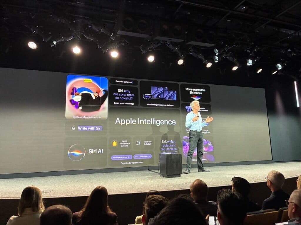 Apple's Senior VP of Software Engineering, Craig Federighi,at WWDC 2026 presenting on Apple Intelligence.
