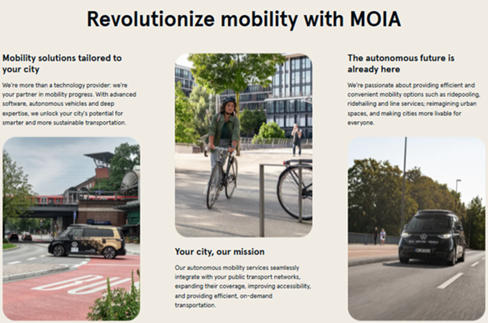 MOIA mobility solutions showing three pictures of transportation.
