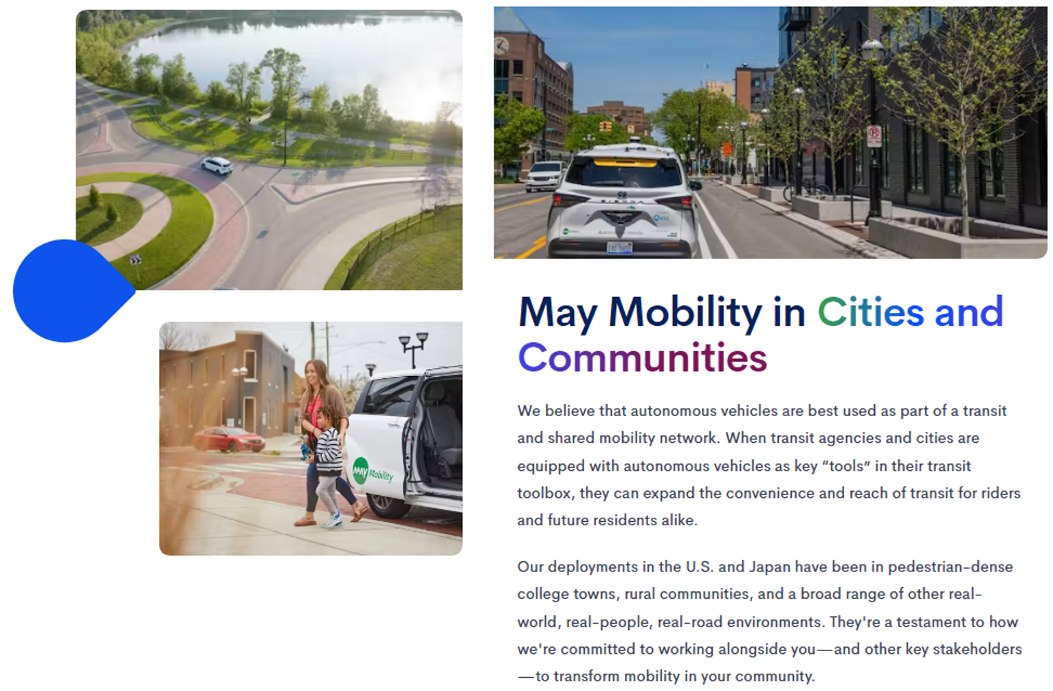 May Mobility's autonomous solutions in cities. Three images of May Mobility cars.